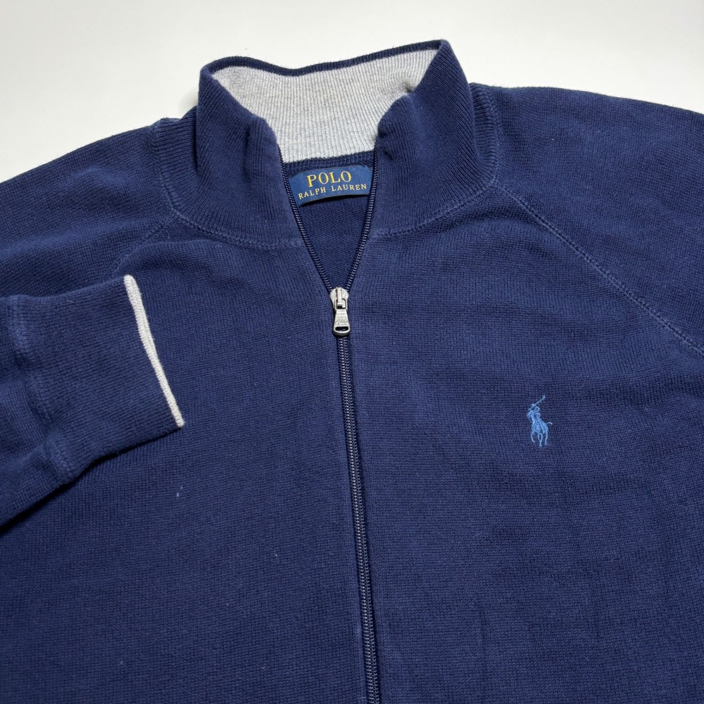 Polo Ralph Lauren Full Zip Knit Sweater Jacket Mens L Navy Blue Raglan Mock Neck